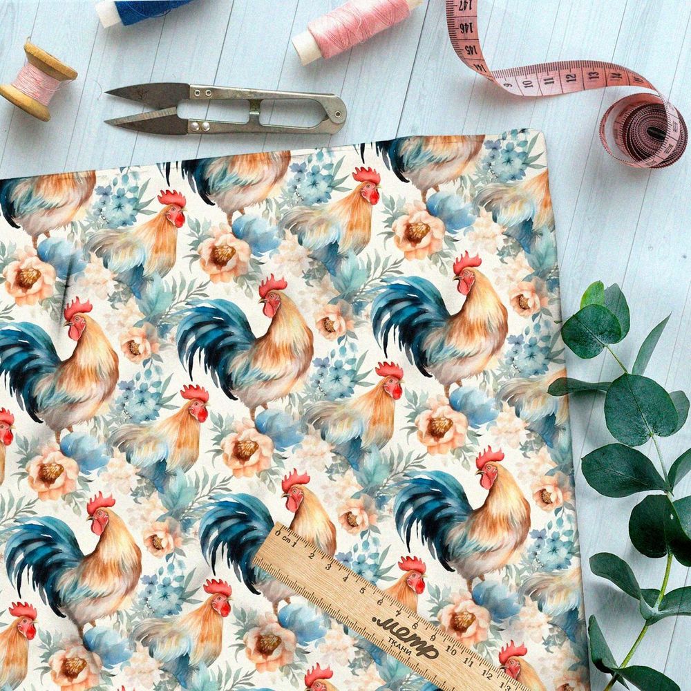 Ткань премиум мембрана петухи в цветах