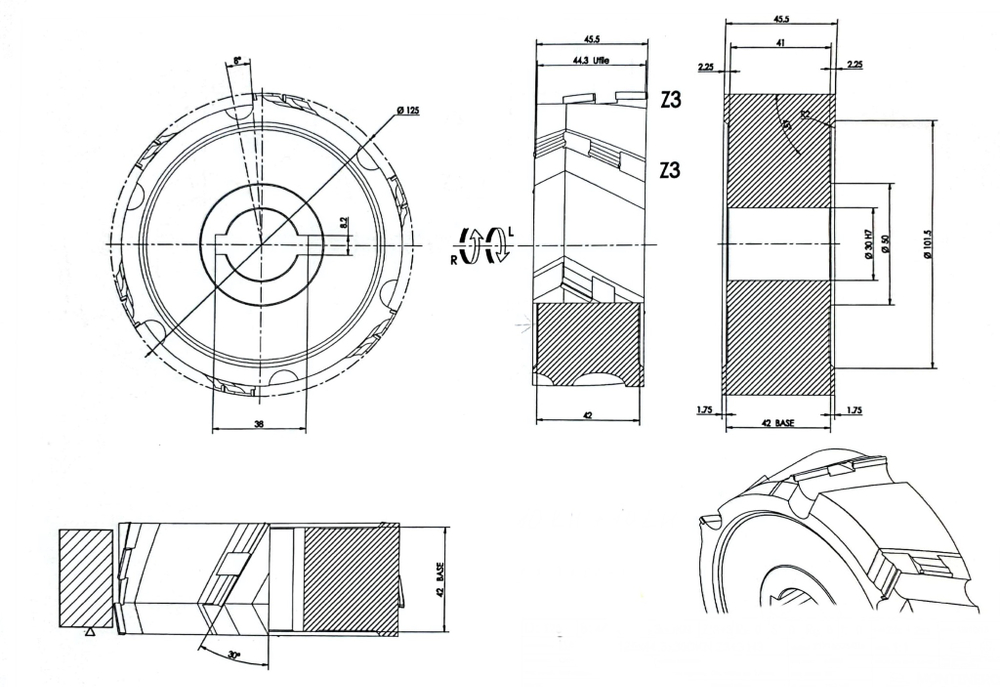 PCD фреза D.125x43x30+DKN Z=3+3 H=3 LH + RH для Filato, KDT, Homag, Biesse