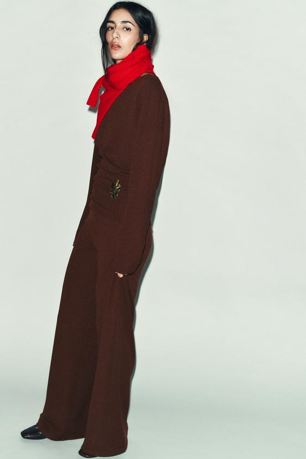 ZARA ШИРОКИЕ ФАКТУРНЫЕ БРЮКИ, КОРИЧНЕВЫЙ