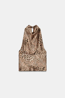 ZARA АТЛАСНЫЙ ТОП С ГОРЛОВИНОЙ ХАЛТЕР И АНИМАЛИСТИЧЕСКИМ ПРИНТОМ, ЛЕОПАРДОВЫЙ