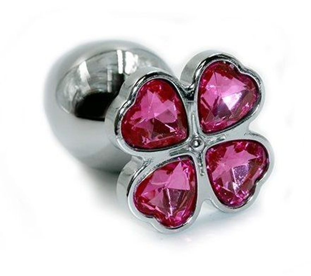 Серебристая алюминиевая анальная пробка с цветком из кристаллов - 6 см. (Цвет: розовый)