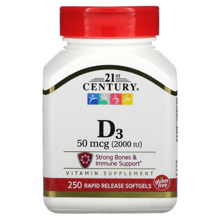 Витамин D 21st Century, витамин D3, 50 мкг (2000 МЕ), 250 мягких таблеток