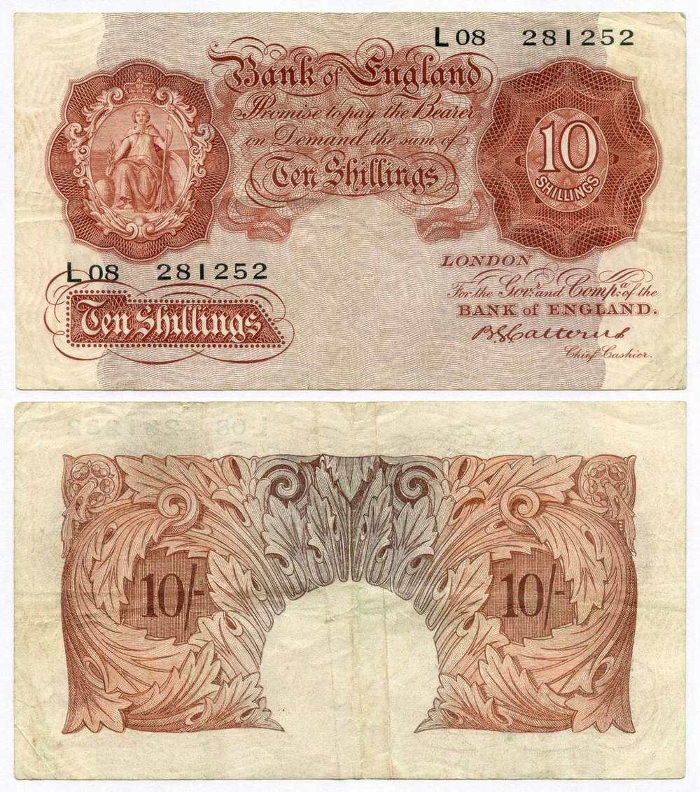 Банкнота Англия 10 шиллингов 1929 год L08 281252 (подпись B.G.Catterns). VF (Очень редкая)