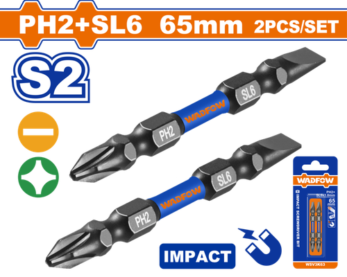 Ударная бита 2 шт. PH2+SL6x65 мм (150/300) WADFOW WSV3K63