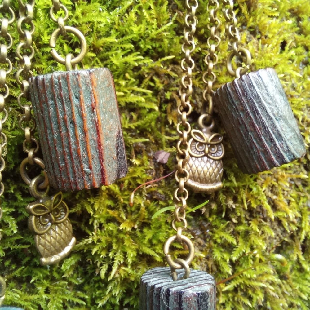 Серьги ТОТЕМ СОВА цепочные, лиственница