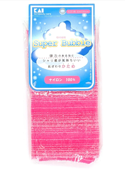 Мочалка для тела массажная с объемным плетением жесткая ярко-розовая 30х100 см Kai Foaming Body Towel Stiff Super Bubble Bright Pink