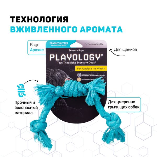 Сенсорный канат Playology PUPPY SENSORY ROPE для щенков мелких и средних пород 8-16 недель с ароматом арахиса, цвет голубой