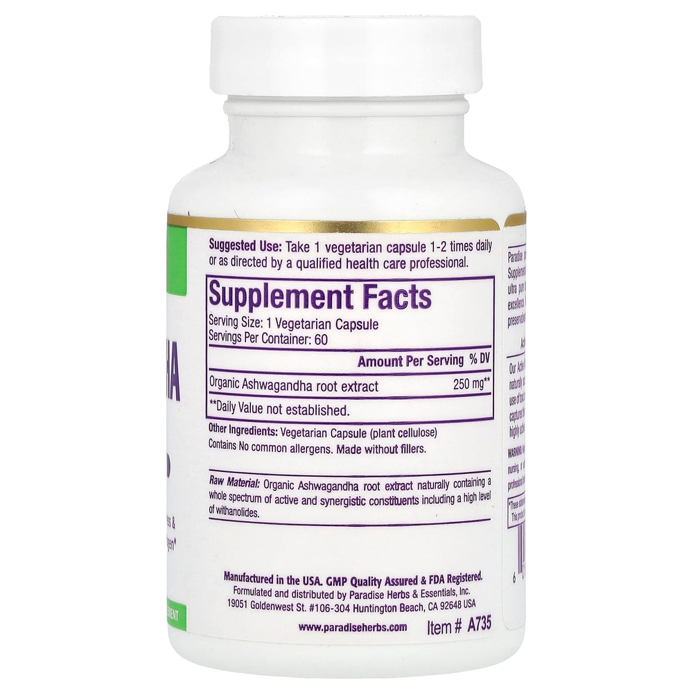 Paradise Herbs, Экстракт ашваганды, 60 вегетарианских капсул (250 мг на капсулу)