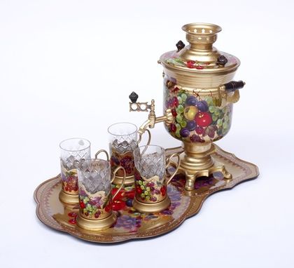 Zhostovo samovar, hand forged tray and 4 tea glass holders in gift box – set of 4 tea glass holders SET01D1911914833