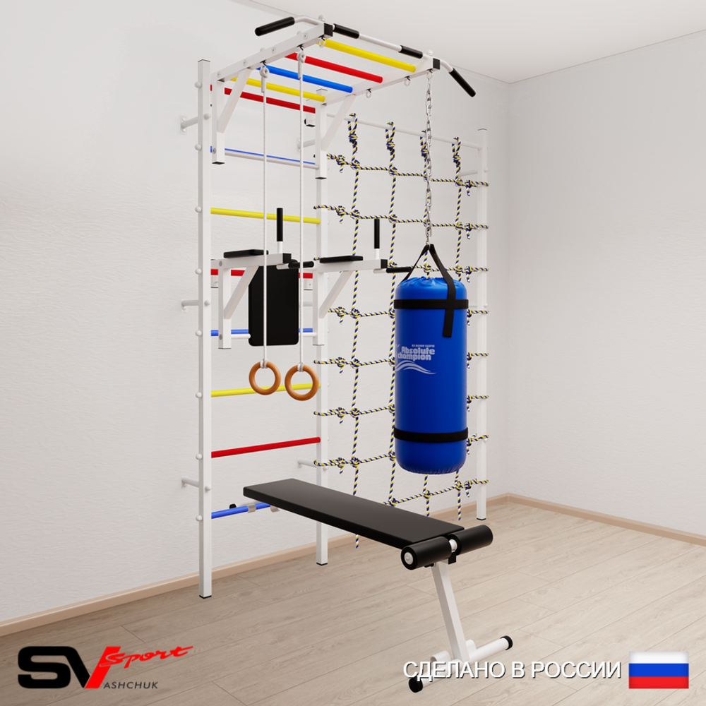 Шведская стенка Sv Sport 55110 (Турник рукоход/Брусья/Скамья/Кольца/Цепь/Мешок 15кг/Канатный лаз)