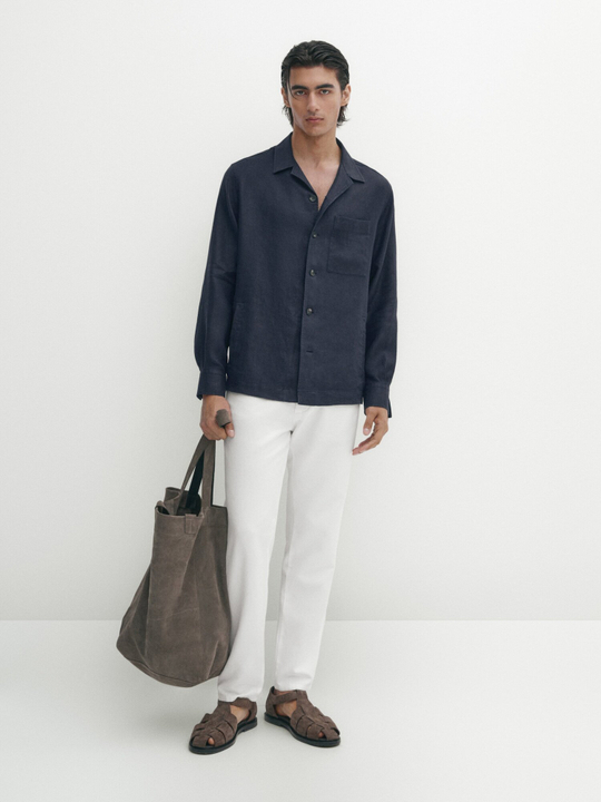 Massimo Dutti Куртка-рубашка из 100% льна с карманом, темно-синий