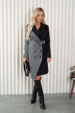 Платье черное комбинированное с принтом гусиная лапка