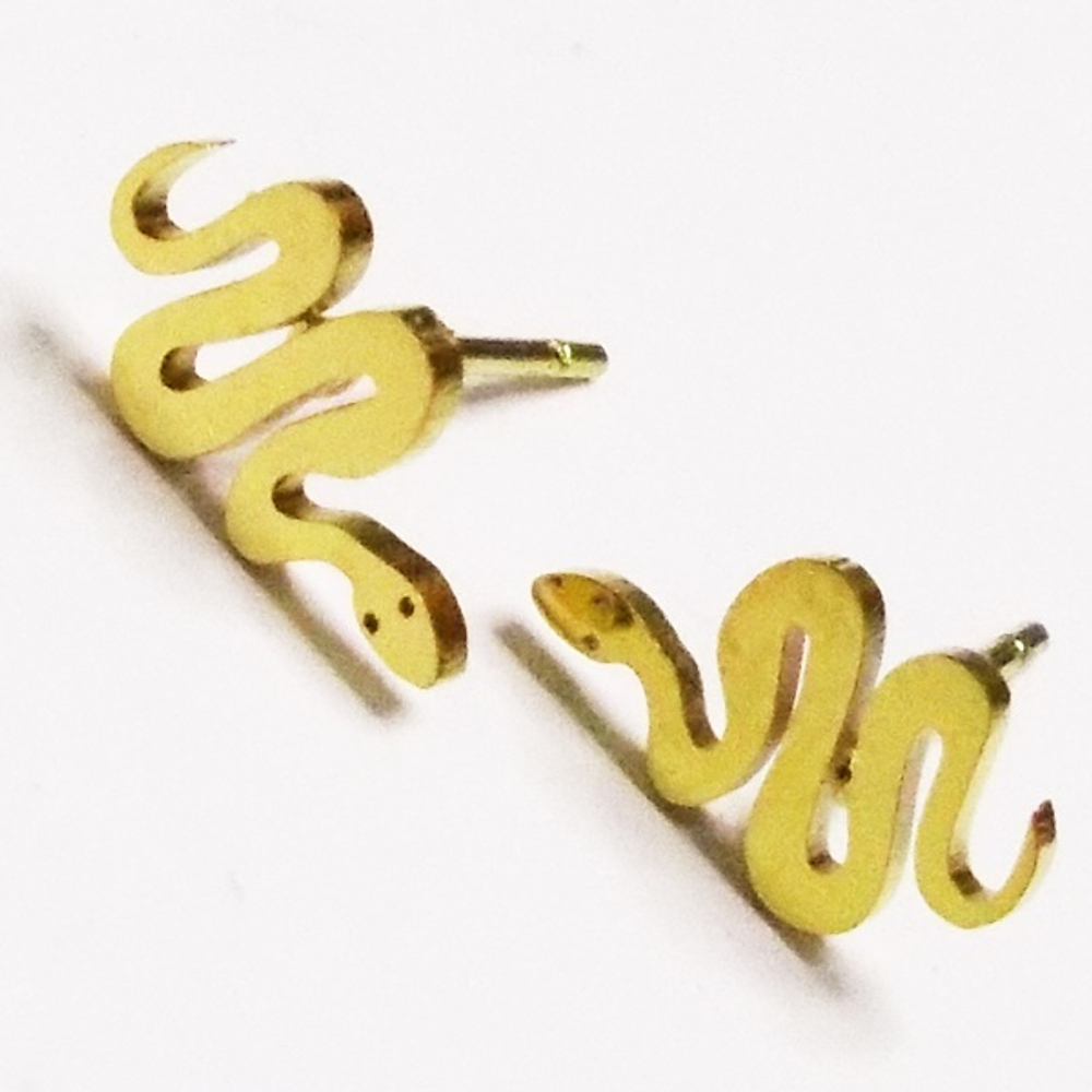 Серьги гвоздики пуссеты "Змеи" для пирсинга ушей. Медицинская сталь, золотое анодирование.