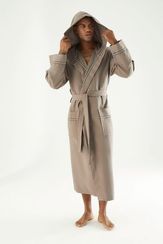 Вафельный мужской халат с капюшоном 24680 бежевый NUSA