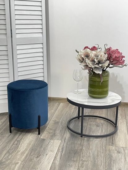 Пуф для гостиной ФЕЛИКС круглый синий #29, велюр / черный каркас