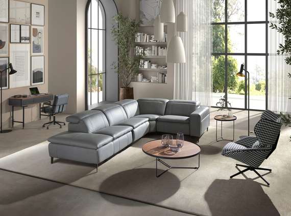 5-местный диван с реклайнером 6218 с левым шезлонгом из серой кожи