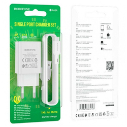 Сетевое зарядное устройство  1USB Borofone BA68A, Glacier, с кабелем микро USB, 5V/2.1A белое