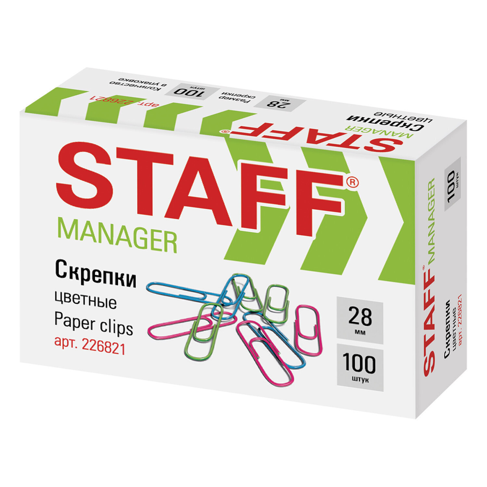 Скрепки STAFF "Manager" 28 мм цветные 100 шт. в картонной коробке (30 штук в упаковке)