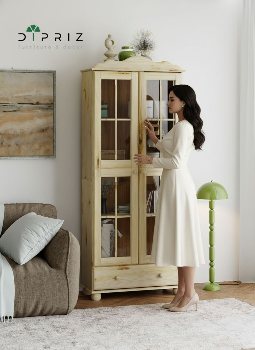 Шкаф-витрина 77х32х186, Бритта, массив сосны БЕЗ ПОКРЫТИЯ (натуральная отделка), двухдверный, Dipriz