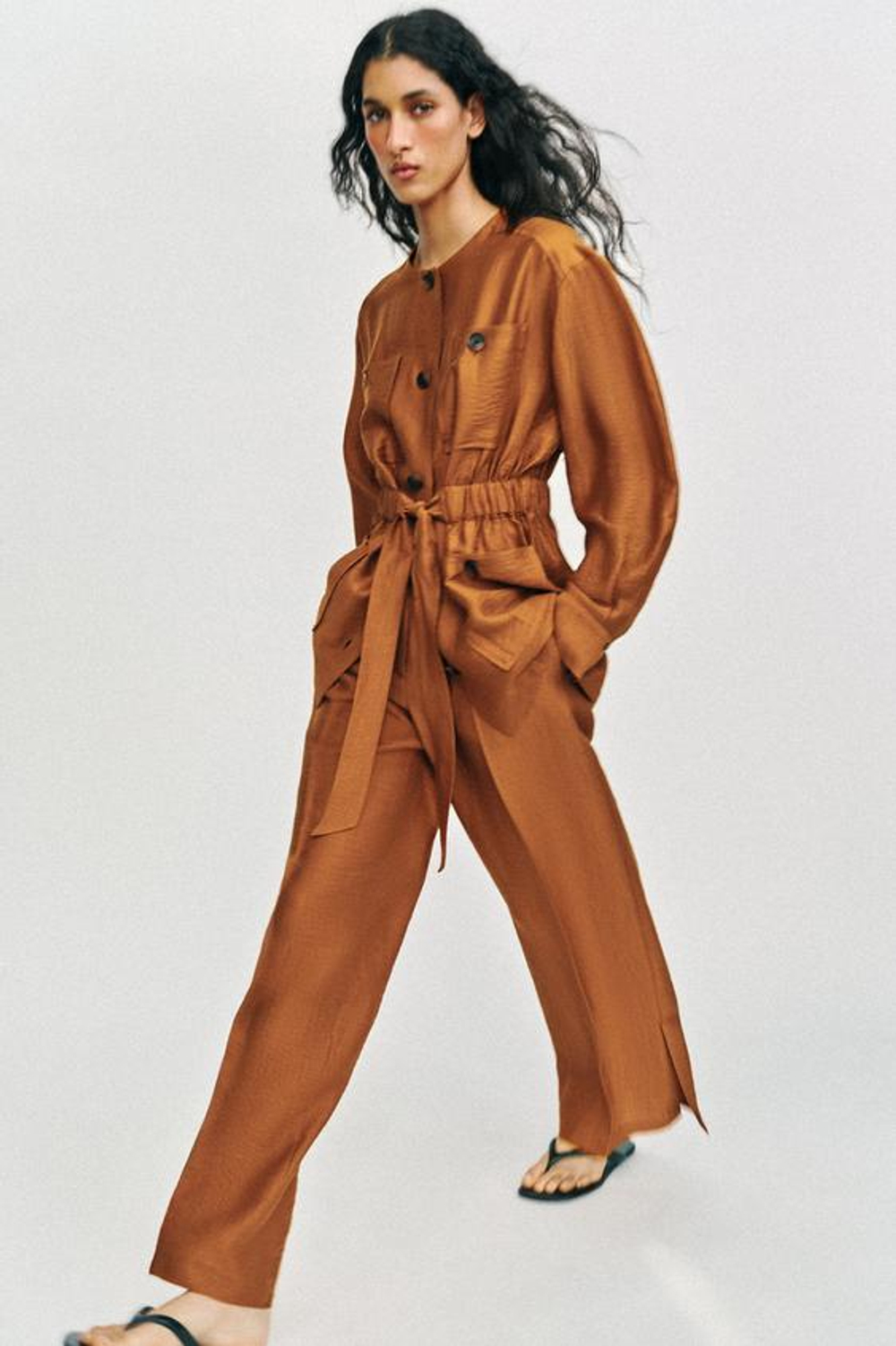 ZARA БРЮКИ СВОБОДНОГО КРОЯ ИЗ СМЕСОВОГО ЛЬНА С РАЗРЕЗАМИ ПО НИЗУ, ЖЕЛТЫЙ КАРРИ