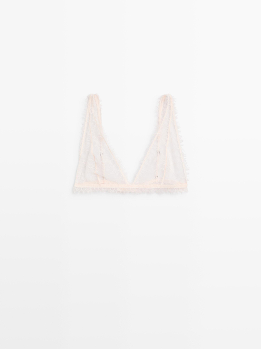 Massimo Dutti Кружевной топ-бралетт с бахромой, натуральный/кремовый