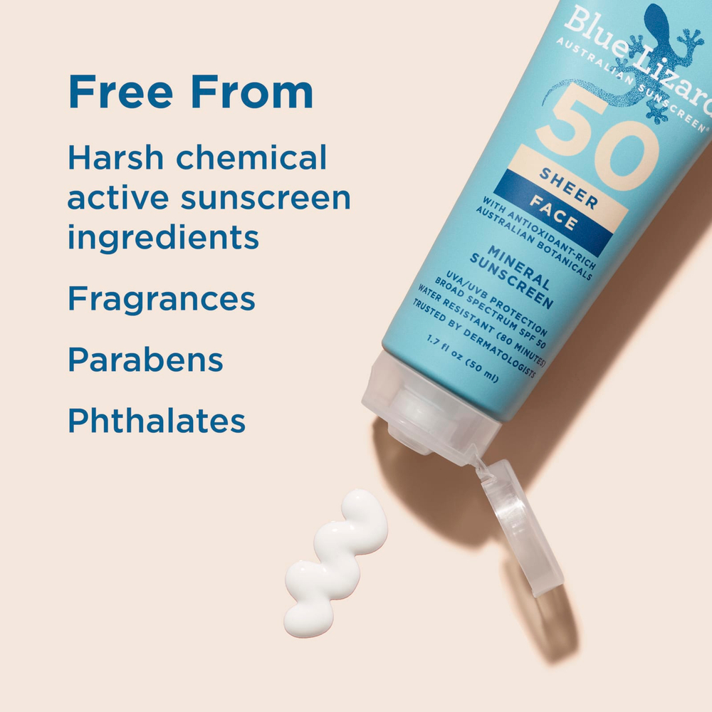 Blue Lizard Australian Sunscreen, Sheer, минеральный солнцезащитный крем для лица, SPF 50, 50 мл (1,7 жидк. унции)