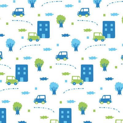 Buy baby fabric hand drawn cars houses white blue