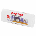 Мешки для мусора 60 л белые в рулоне 20 шт. ПНД 7 мкм 58х68 см LAIMA (15 штук в упаковке)