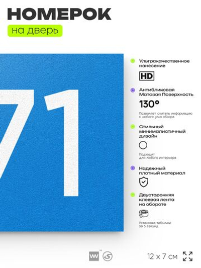 Номер на дверь 871, табличка на дверь для офиса, квартиры, кабинета, аудитории, склада, голубая 120х70 мм, Айдентика Технолоджи