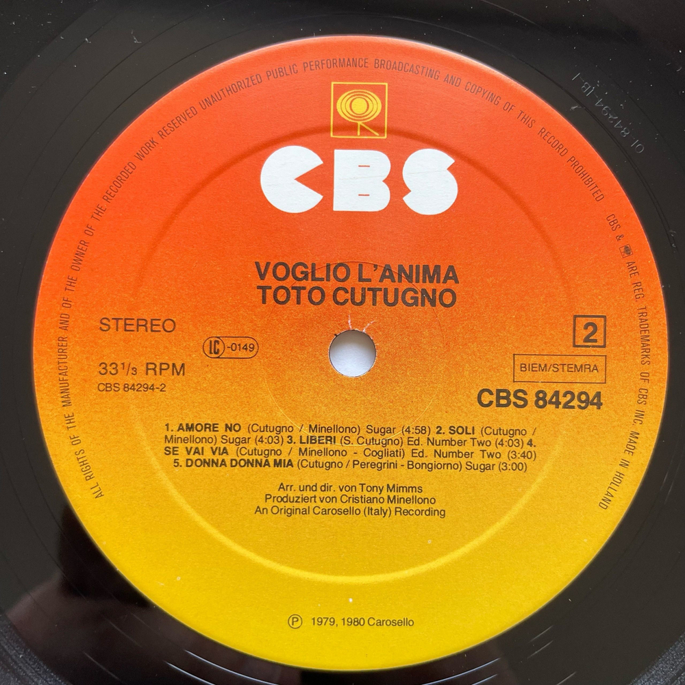Винтажная виниловая пластинка LP Toto Cutugno Тото Кутуньо, Voglio L'Anima (Нидерланды 1979)