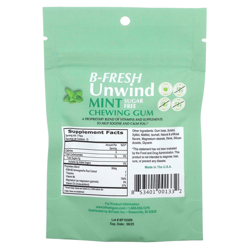 B-Fresh, Unwind, жевательная резинка, без сахара, мята, 25 шт. (50 г)