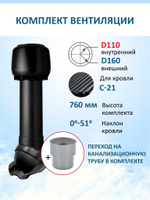 Комплект вентиляции: колпак D160, вент. выход утепленный высотой Н-700 с переходом D110, для кровельного профнастила С-21 мм