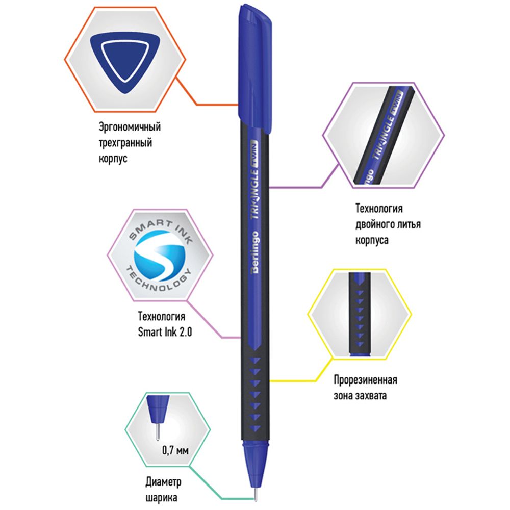 Ручка шариковая Berlingo "Triangle Twin" синяя, 0,7мм, игольчатый стержень, 1шт