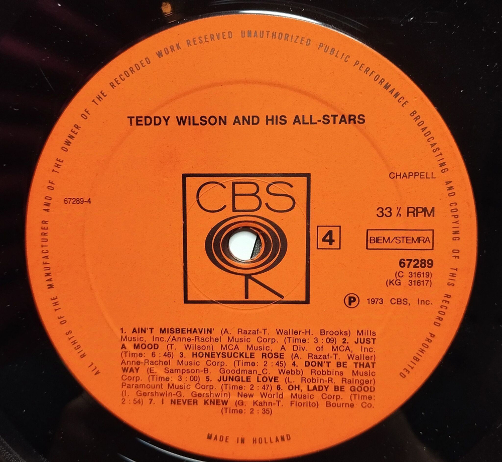 Винтажная виниловая пластинка LP Teddy Wilson And His All Stars (Holland 1973)