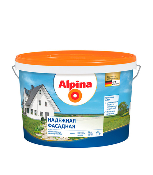 Краска водно-дисперсионная для наружных работ Alpina Надежная фасадная белая, 10 л---