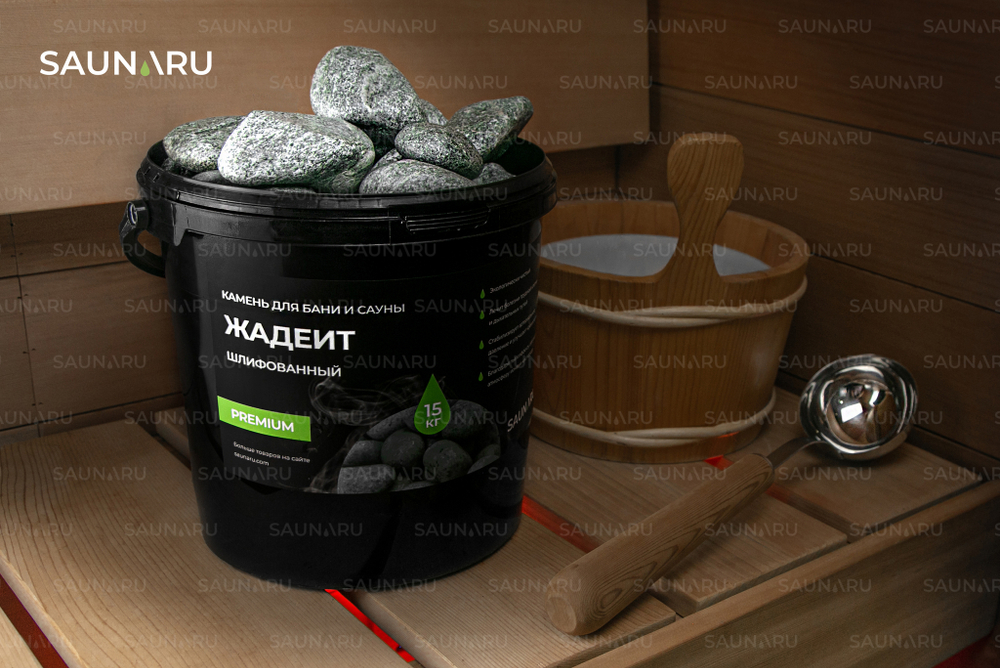 SAUNARU Камни для сауны Жадеит шлифованный PREMIUM, фракция до 100 мм, ведро 15 кг, артикул SSB15-JP