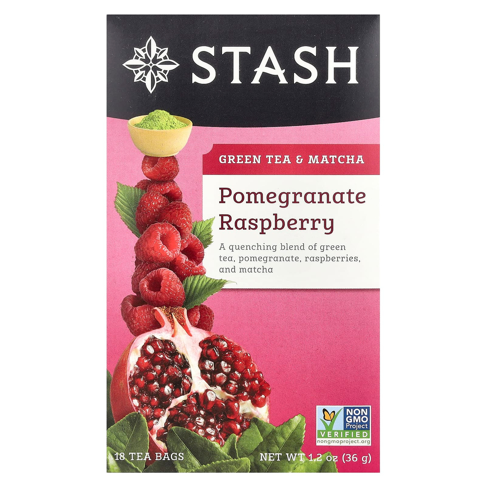 Stash Tea, зеленый чай и матча, гранат и малина, 18 чайных пакетиков, 36 г (1,2 унции)