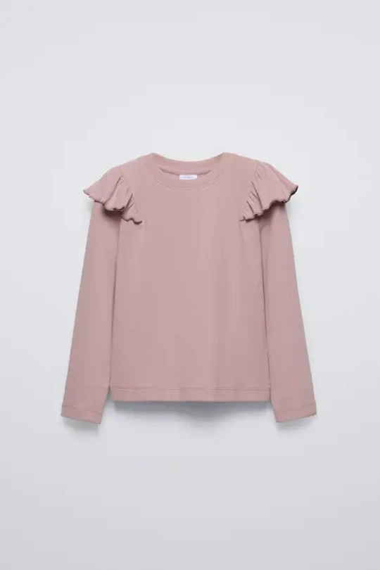 ZARA ФУТБОЛКА В РУБЧИК С ВОЛАНОМ, РОЗОВЫЙ