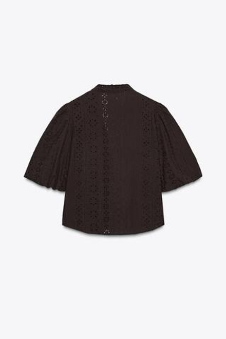 ZARA РУБАШКА С ПЕРФОРИРОВАННОЙ ВЫШИВКОЙ И РУКАВАМИ-БУФАМИ, КОРИЧНЕВЫЙ