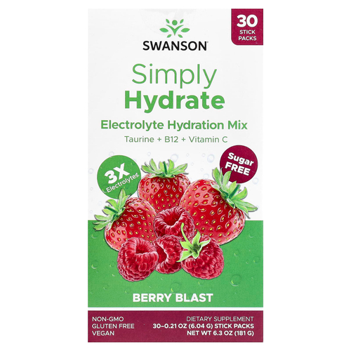 Swanson, Simply Hydrate, смесь для гидратации электролитов, Berry Blast, 30 пакетиков в стиках по 6,04 г (0,21 унции)