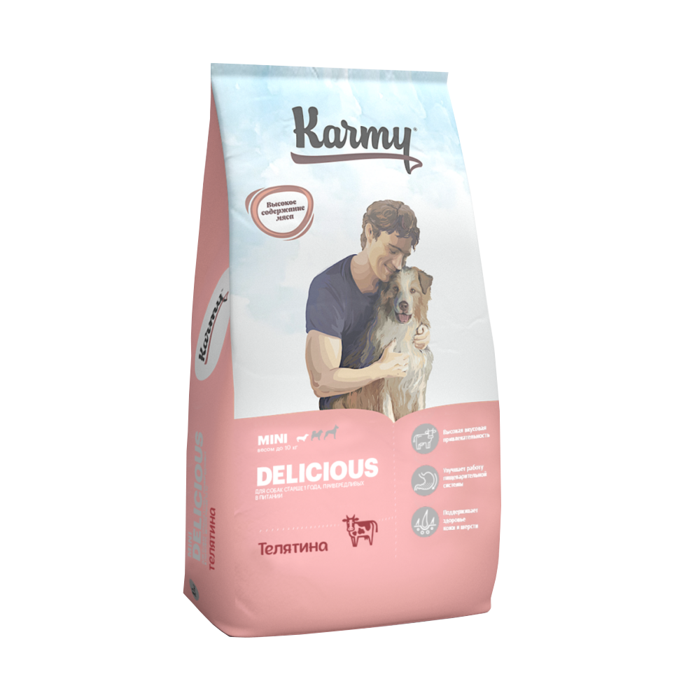 Cухой корм для собак мелких пород старше 1 года, привередливых в питании Karmy Delicious Mini Телятина, 10 кг