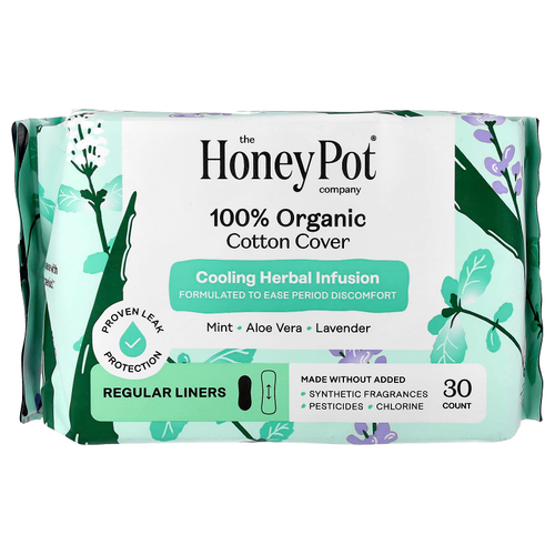 The Honey Pot Company, оболочка из 100% органического хлопка, охлаждающий травяной настой, обычные прокладки, 30 штук