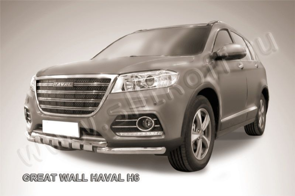 Защита переднего бампера (нержавейка) Haval H6 (2014-2020) d57+d42 с декор элем