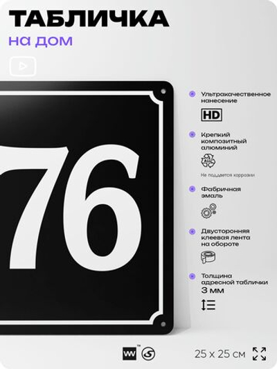 Адресная табличка с номером дома 176, на фасад и забор, черная, 25х25 см, Айдентика Технолоджи