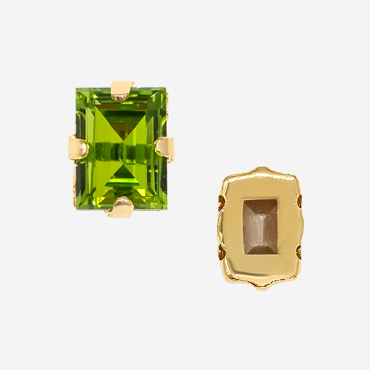 Кристалл Прямоугольник (Step Cut Fancy Stone) в цапах, оттенок "Оливин"/"Olivine", 9*7мм, позолота