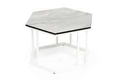 "Женева" интерьерный стол из HPL шестиугольный, D50, H35, цвет "мрамор пепел", каркас из стали белый муар