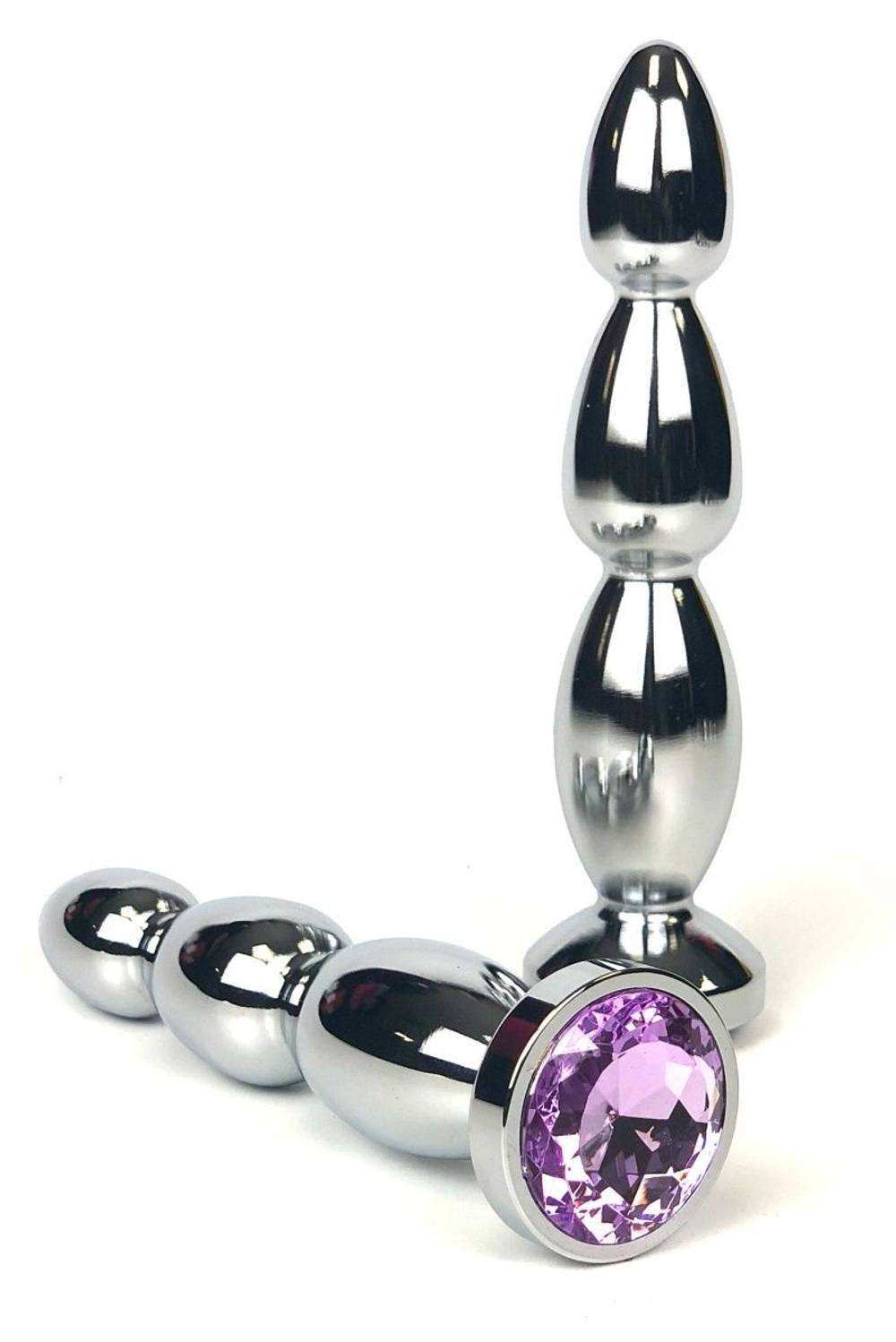 Серебристая удлиненная анальная пробка-ёлочка с сиреневым кристаллом - 12 см. (Цвет: сиреневый)