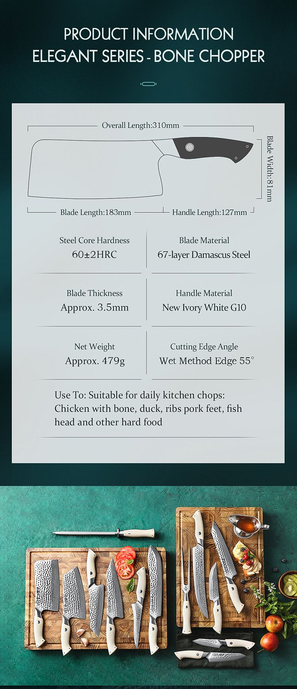 Кухонный нож Hezhen B38H Bone Chopper нож 7 дюймов клинок 67 Layers Damascus рукоять дерево G10, длина лезвия 18,3 см