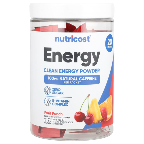 Nutricost, Energy, Clean Energy, порошок, фруктовый пунш, 20 пакетиков по 5 г (0,18 унции)