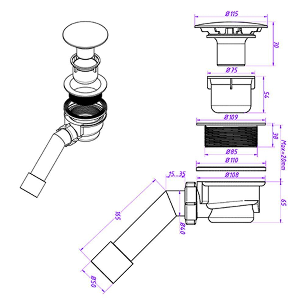Сифон для душевой кабины, гофрированный, 90х40/50х65 мм, Orio, ДХ-912